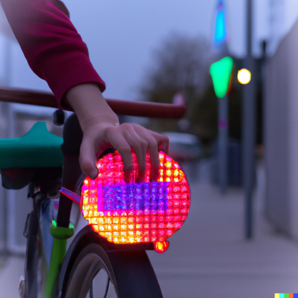 DALL·E 2022-11-13 16.02.39 - Fahrrad Rücklicht mit farbigen Neopixeln vor hellem Hintergrund, in der Stadt auf einer Strasse. Werkarbeit eines Schülers mit Arduino und Elektronik