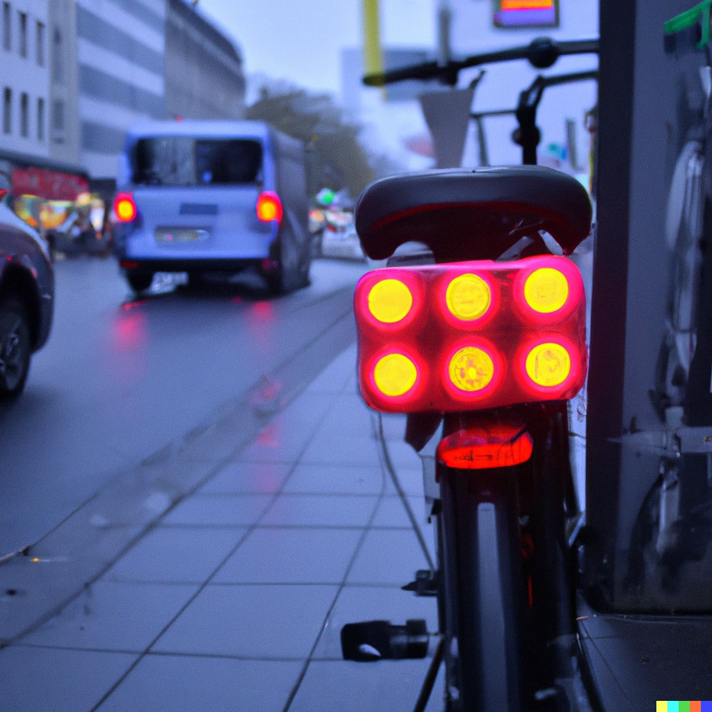 DALL·E 2022-11-13 16.40.34 - Fahrrad Rücklicht mit farbigen Neopixeln vor hellem Hintergrund, in der Stadt auf einer Strasse.