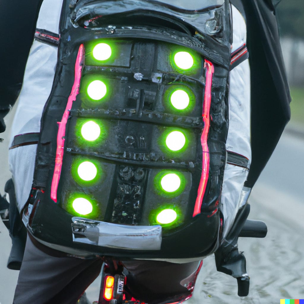 DALL·E 2022-11-13 16.44.45 - Sportrucksack mit einem kleinem farbigen neopixel Rücklicht. Auf der Strasse für Fahrradfahrer. Dezent bei Tag