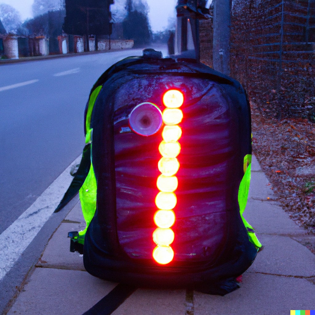 DALL·E 2022-11-13 16.44.59 - Sportrucksack mit einem farbigen neopixel Rücklicht. Auf der Strasse für Fahrradfahrer. Dezent bei Tag