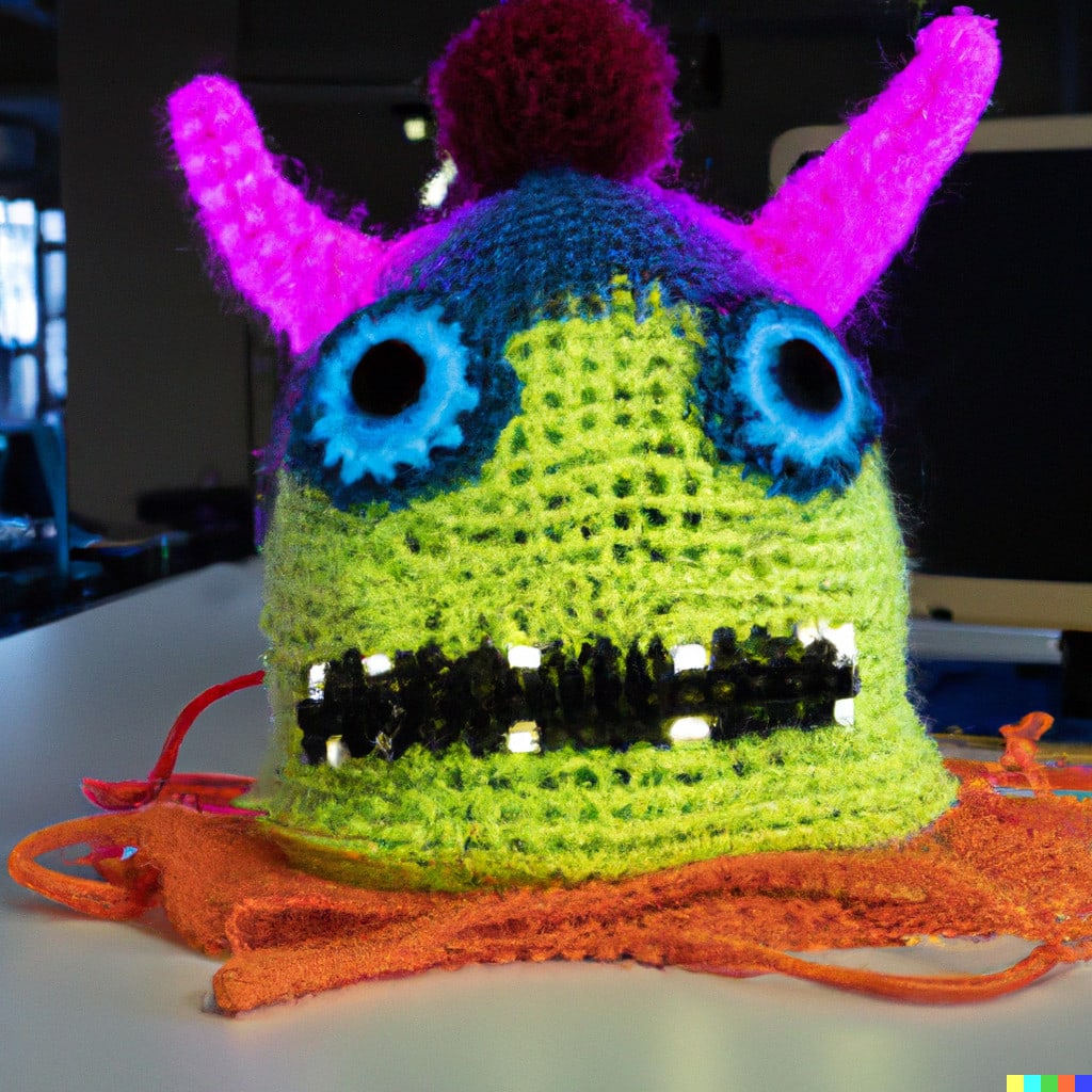 DALL·E 2022-11-16 21.50.26 - Ein Monster aus Strickwolle mit farbigen LEDs in einem Nähatelier auf der Werkbank