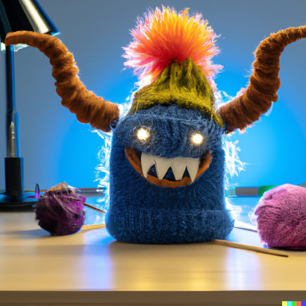 DALL·E 2022-11-16 21.50.32 - Ein Monster aus Strickwolle mit farbigen LEDs in einem Nähatelier auf der Werkbank