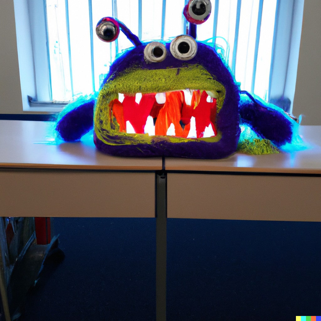 DALL·E 2022-11-16 21.50.51 - Ein Monster aus Strickwolle mit farbigen LEDs in einem Klassenzimmer