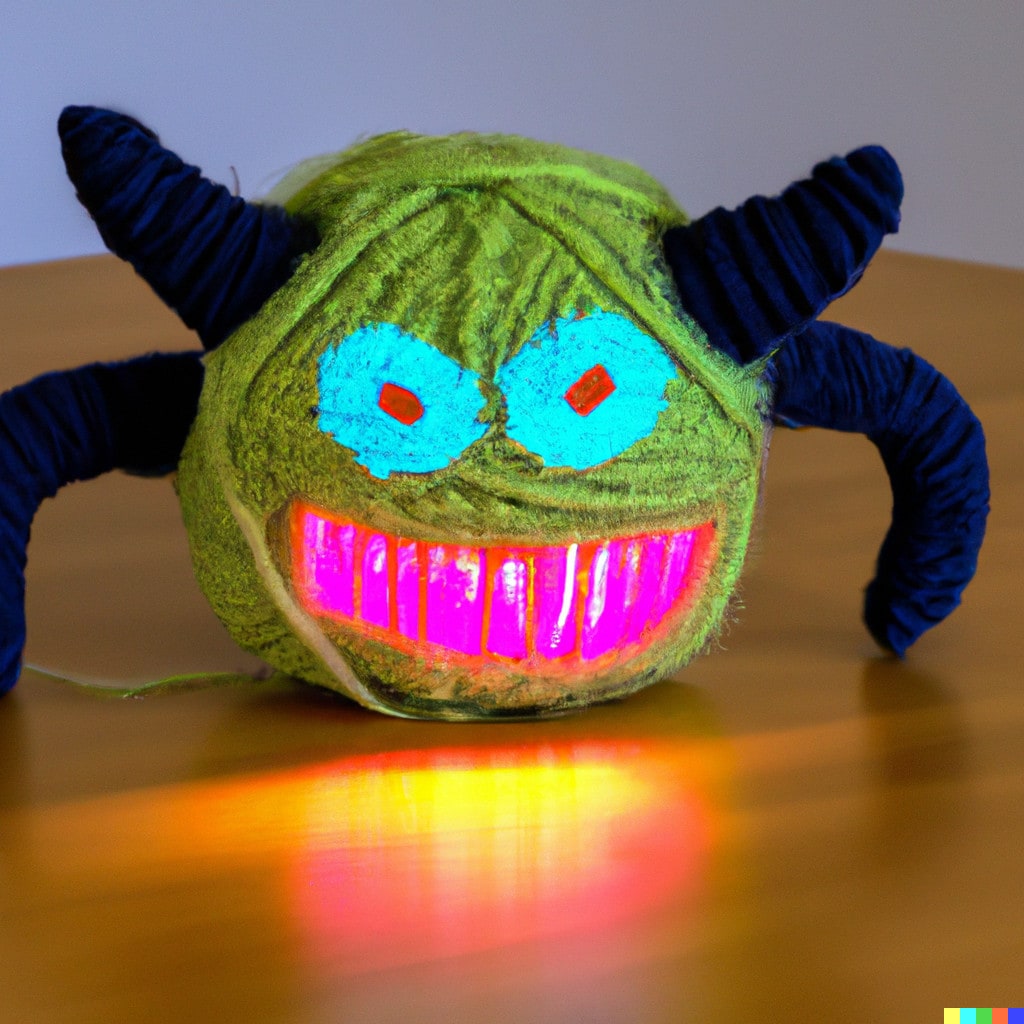 DALL·E 2022-11-16 21.51.15 - Ein Monster aus Strickwolle mit farbigen LEDs. Auf einem Holztisch bei Tageslicht