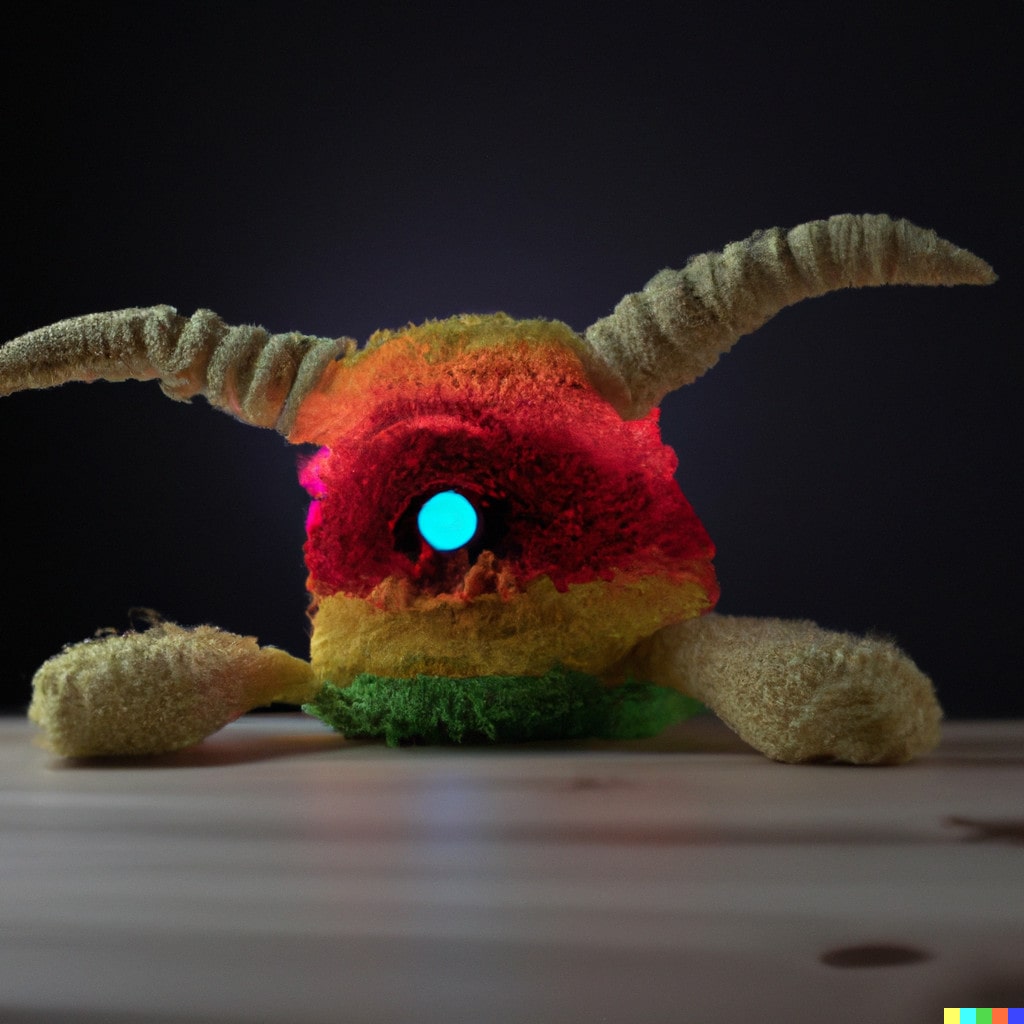 DALL·E 2022-11-16 21.51.21 - Ein Monster aus Strickwolle mit farbigen LEDs. Auf einem Holztisch bei Tageslicht