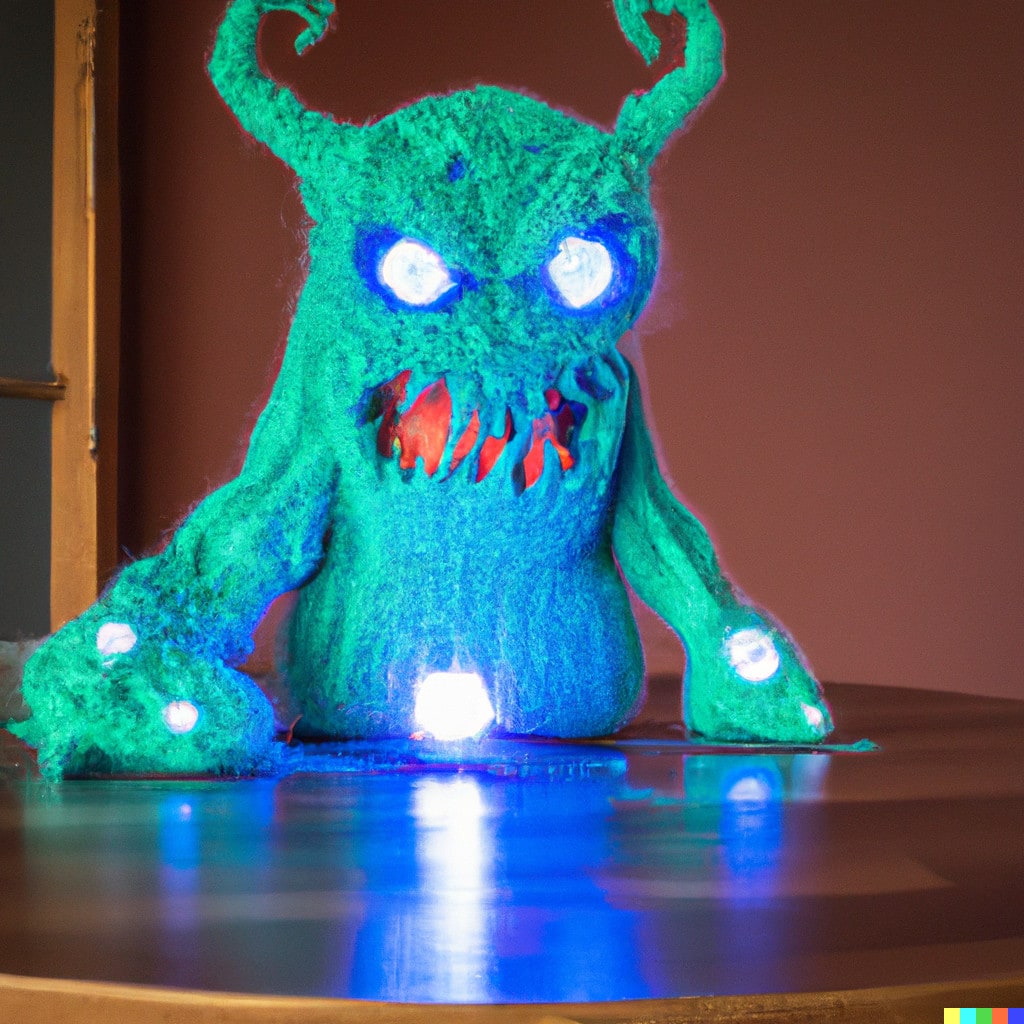 DALL·E 2022-11-16 21.51.23 - Ein Monster aus Strickwolle mit farbigen LEDs. Auf einem Holztisch bei Tageslicht