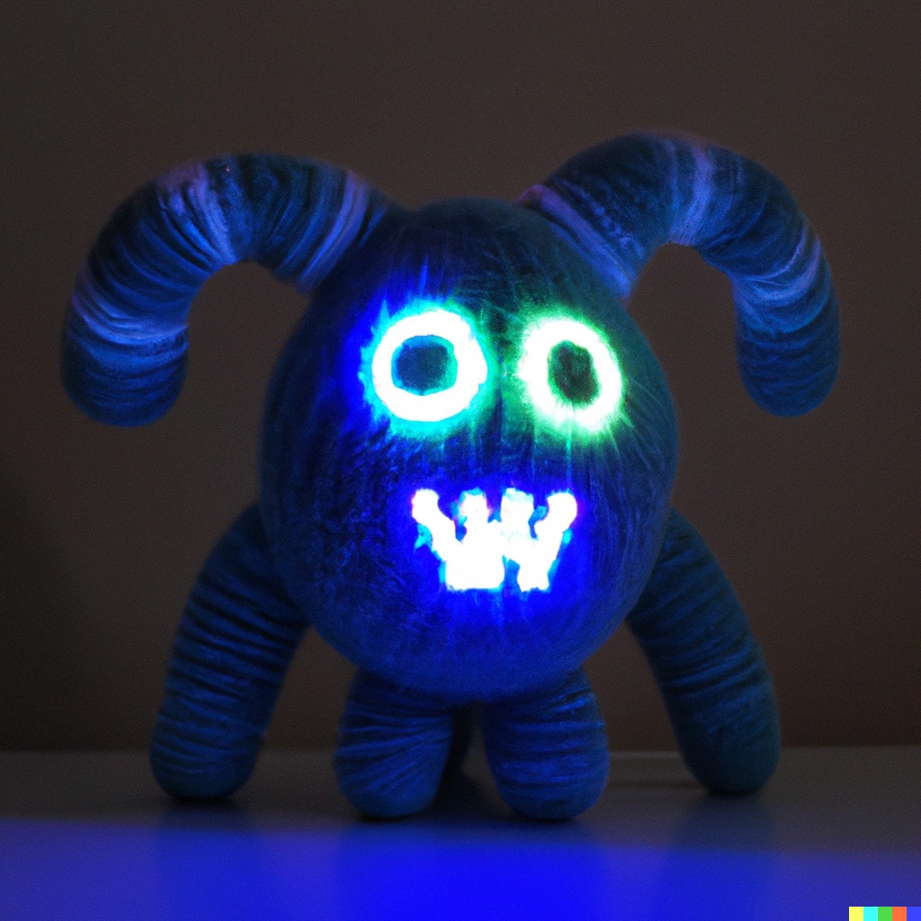 DALL·E 2022-11-16 21.51.53 - Ein Monster aus Strickwolle mit farbigen LEDs