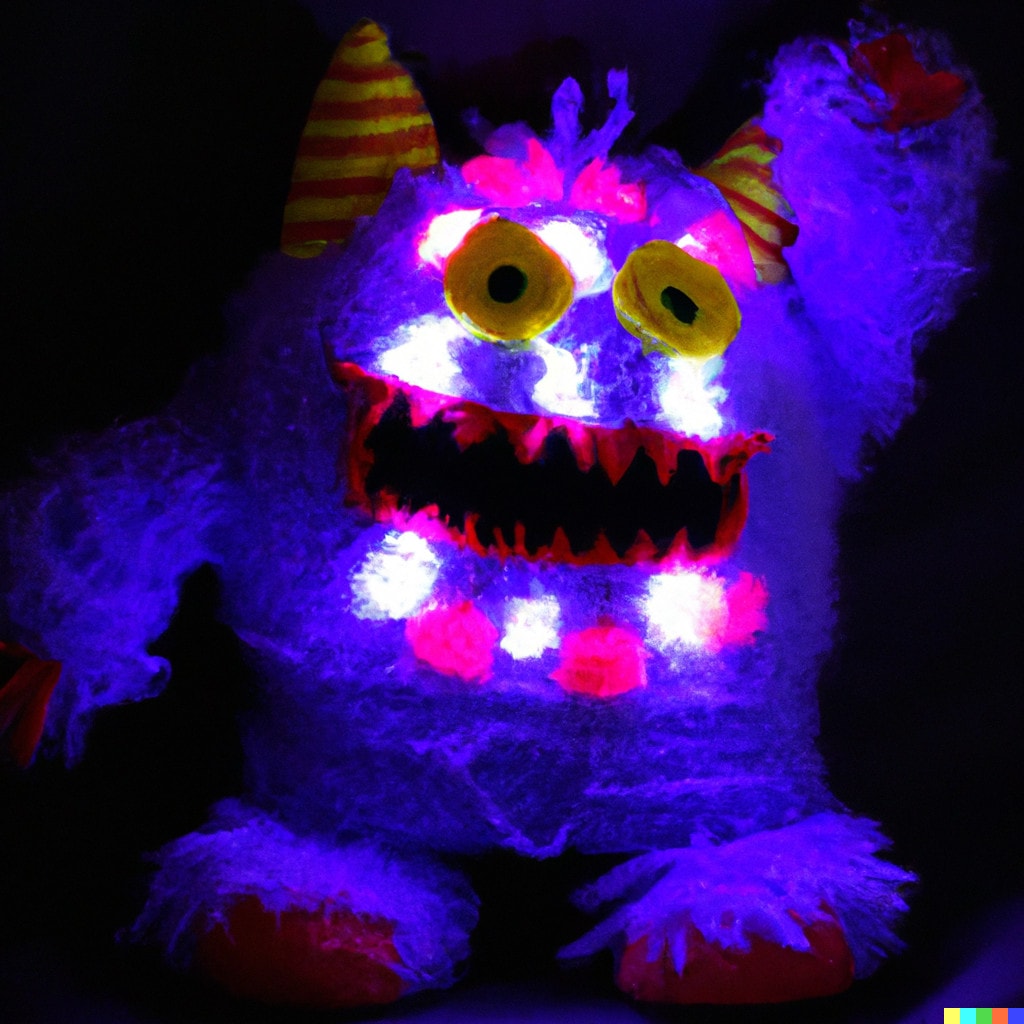 DALL·E 2022-11-16 21.51.58 - Ein Monster aus Strickwolle mit farbigen LEDs