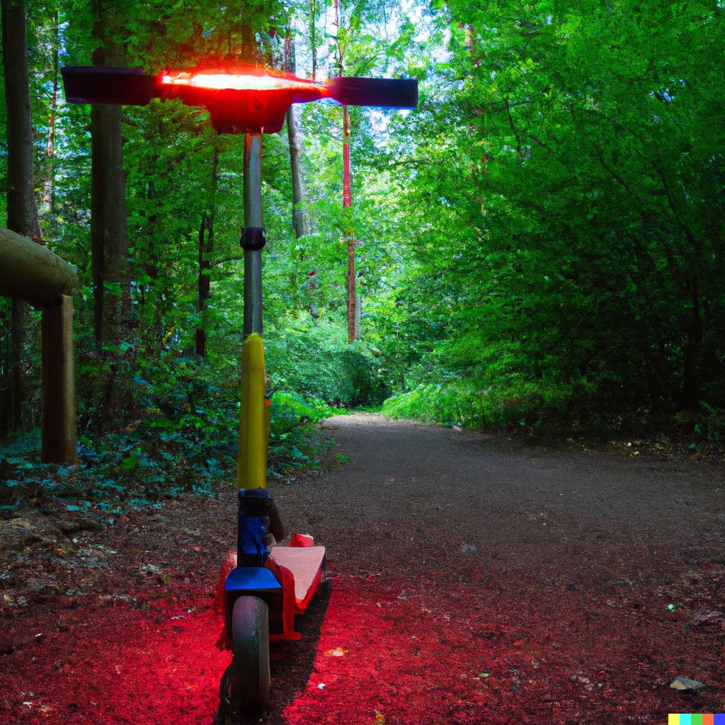 DALL·E 2022-11-16 21.52.55 - Ein Trottinett mit mehrfarbigem LED Rücklicht bei Tag auf einem Waldweg