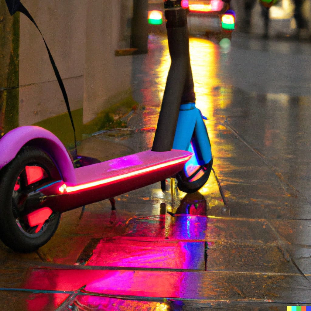 DALL·E 2022-11-16 21.53.03 - Ein Trottinett mit farbigen LED Rücklicht bei Regen in der Stadt