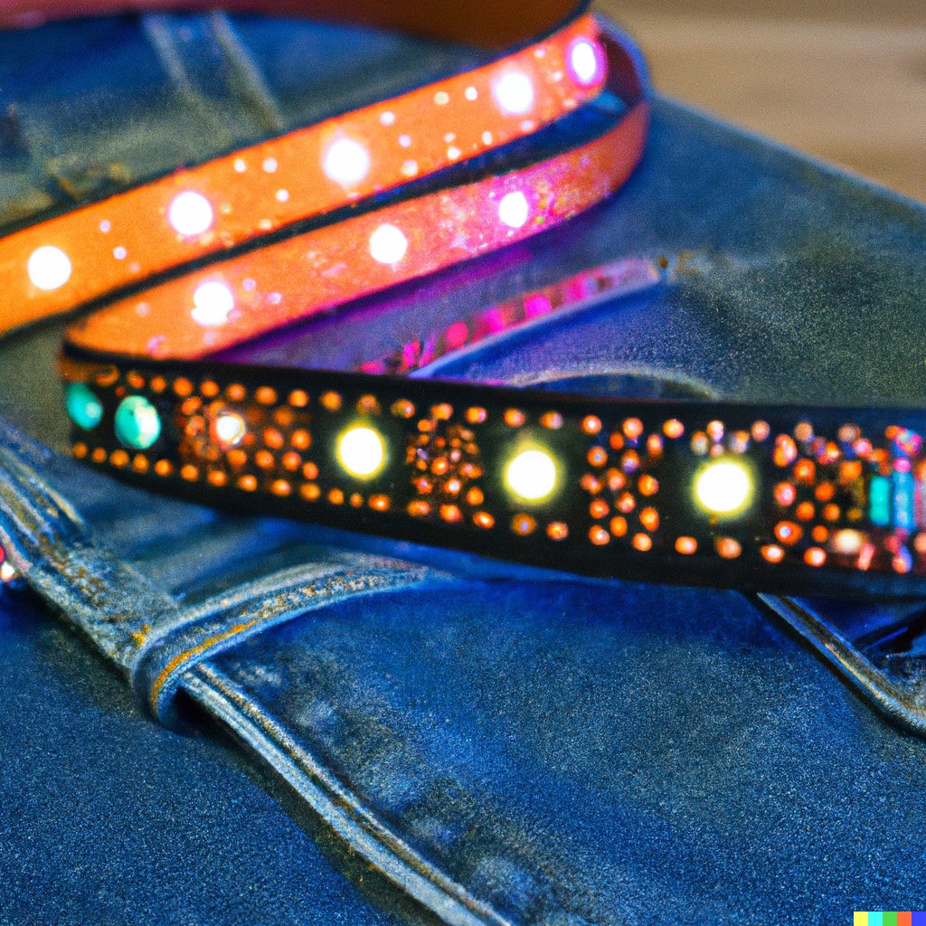 DALL·E 2022-11-17 08.46.44 - Gürtel für eine Jeanshose aus Leder mit farbigen LEDs als Dekoration. In einem Nähatelier auf dem Werkbank