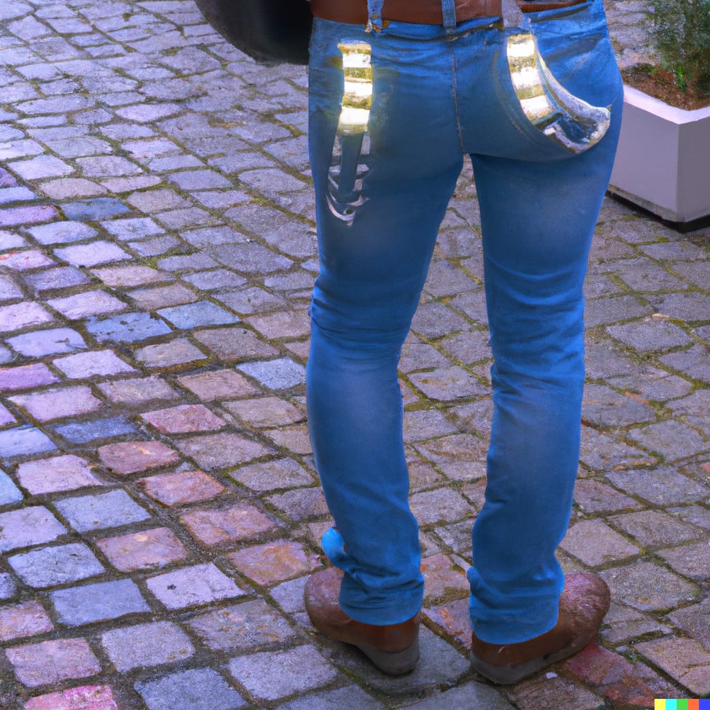 DALL·E 2022-11-17 08.47.21 - frau mit Jeans Hose, welche einen Ledergurt mit farbiger LED und Nieten als Dekoration trägt. Bei Tageslicht in der Stadt