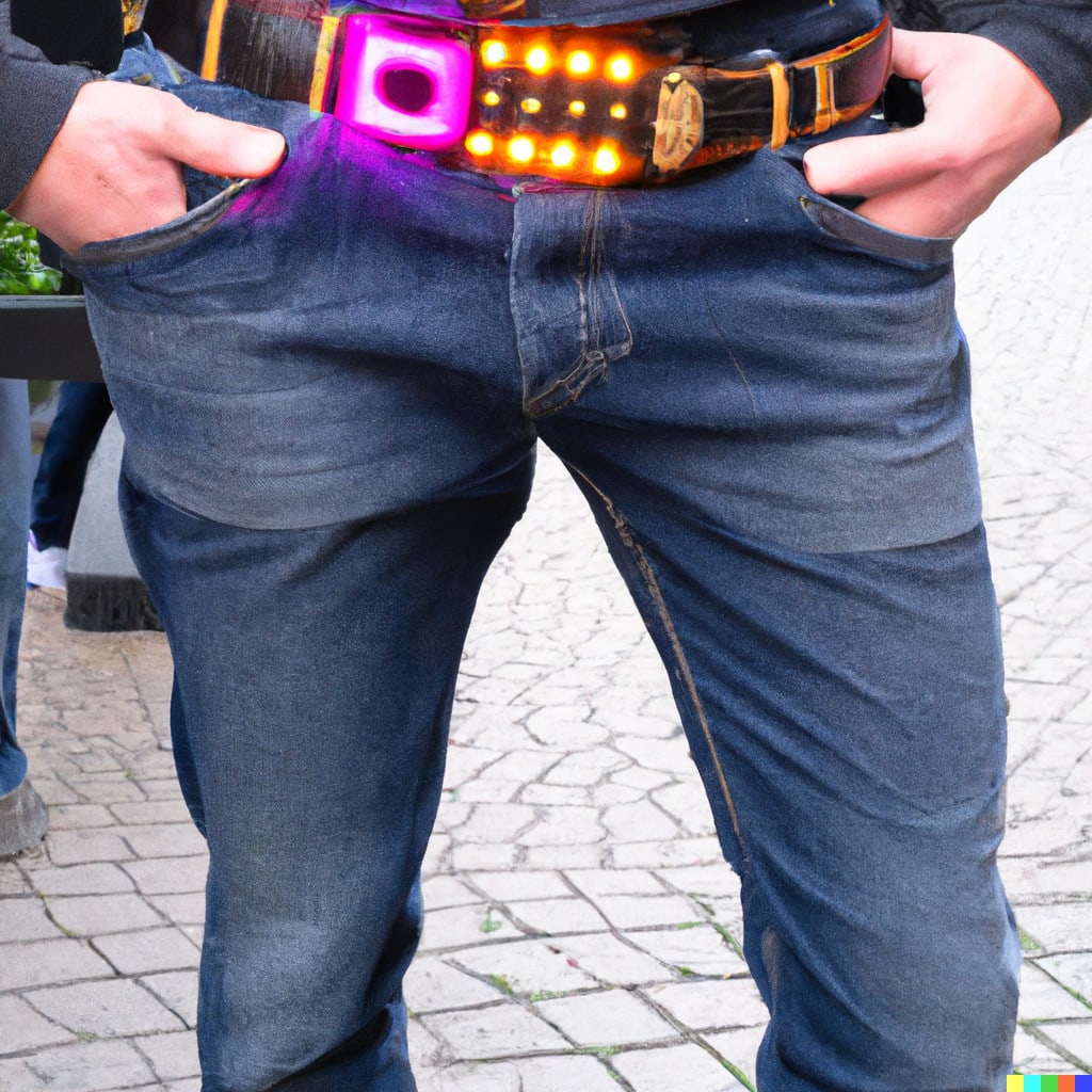 DALL·E 2022-11-17 08.47.54 - Mann mit Jeans Hose, welche einen Gürtel mit farbiger LED als Dekoration hat. Bei Tageslicht in der Stadt