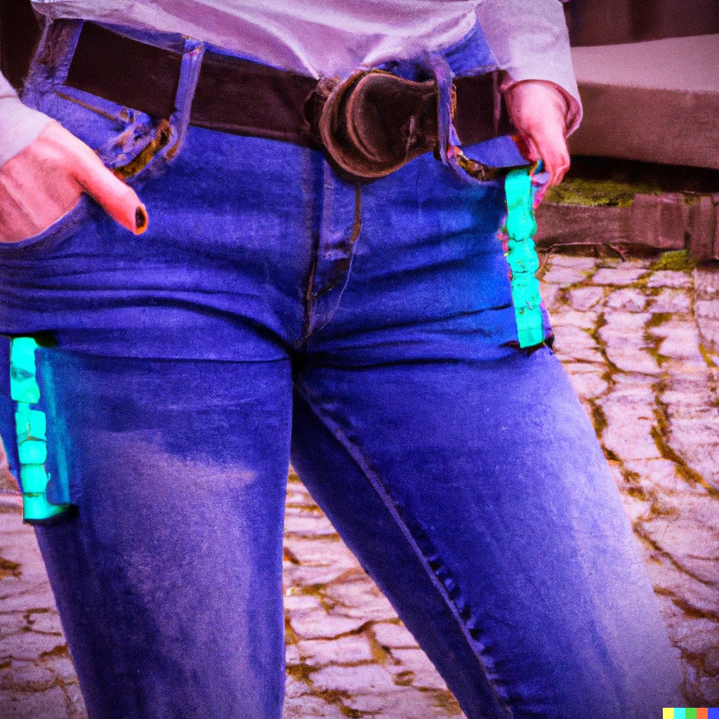 DALL·E 2022-11-17 08.48.08 - Frau mit Jeans Hose, welche einen Gürtel mit farbiger LED als Dekoration hat. Bei Tageslicht in der Stadt
