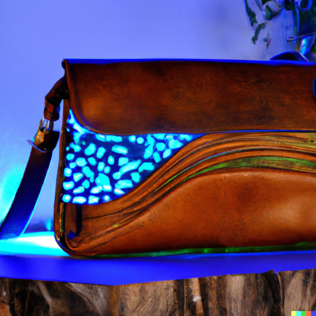 DALL·E 2022-11-17 08.54.00 - Handtasche aus Naturleder mit farbigen LEDs in einem Nähatelier