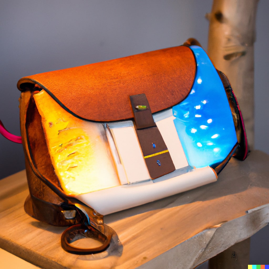 DALL·E 2022-11-17 08.54.05 - Handtasche aus Naturleder mit farbigen LEDs in einem Nähatelier