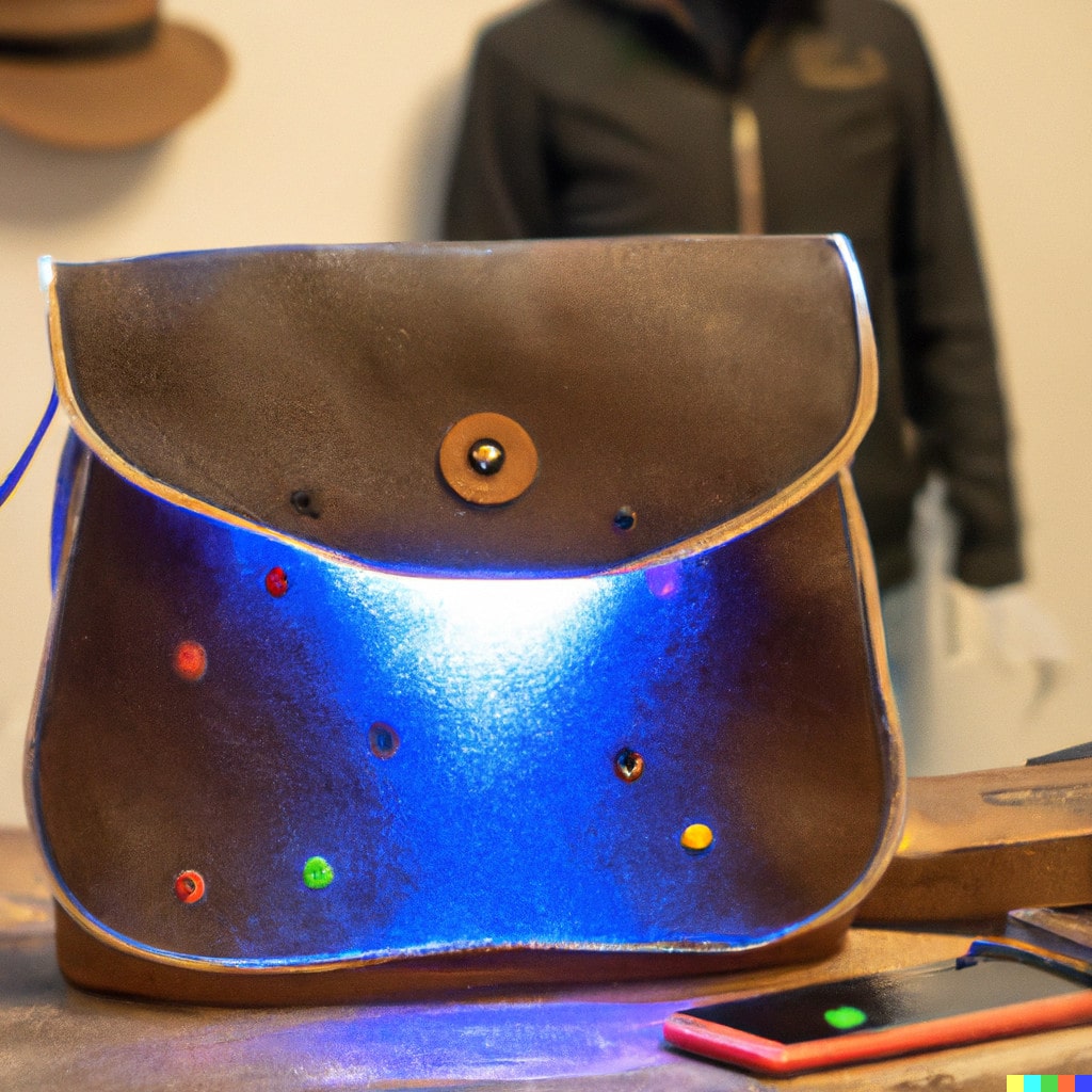 DALL·E 2022-11-17 08.54.51 - Handtasche aus Naturleder mit farbigen LEDs in einem Nähatelier