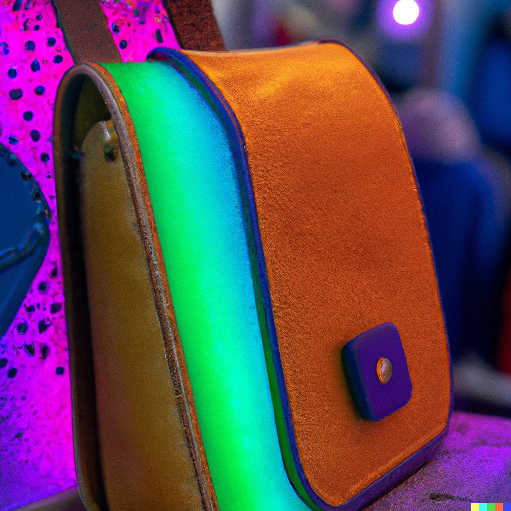 DALL·E 2022-11-17 08.55.25 - Handtasche aus Naturleder mit farbigen LEDs in einem Nähatelier