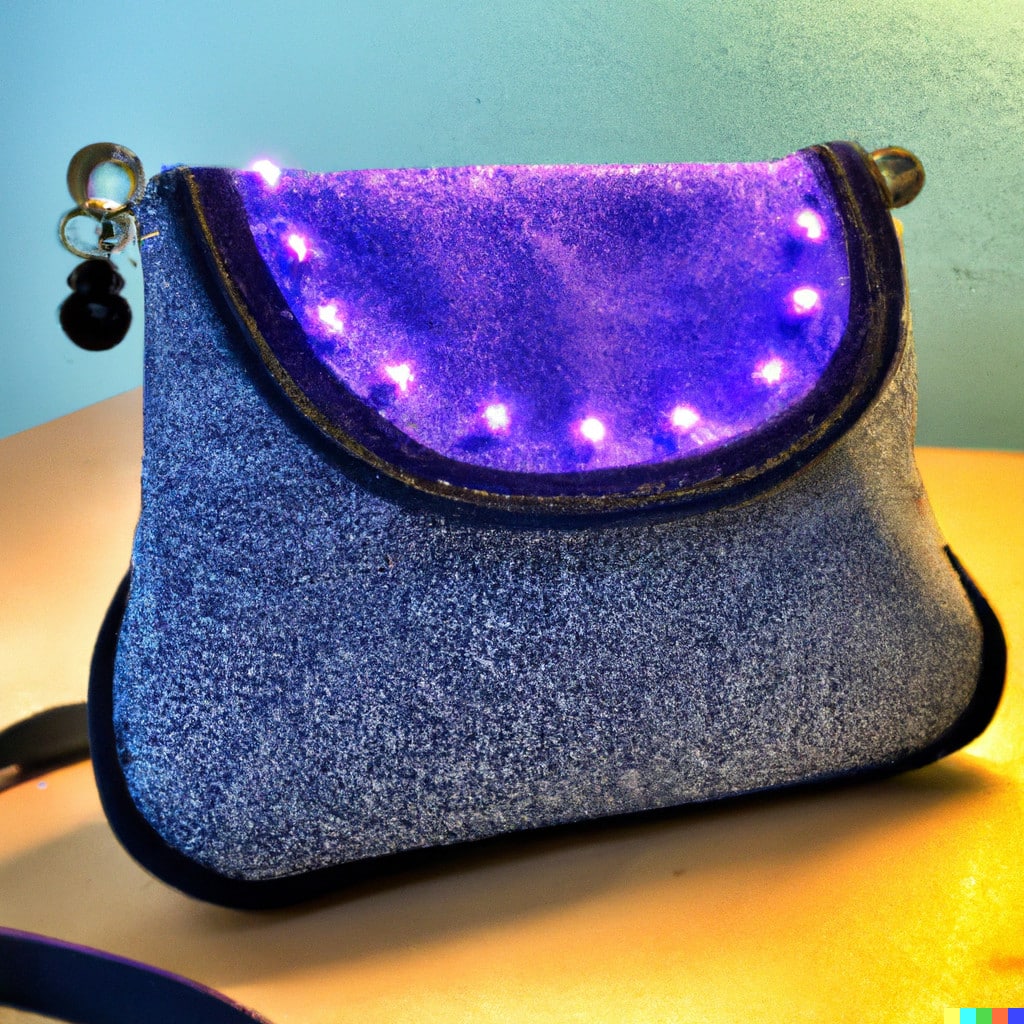 DALL·E 2022-11-18 01.02.56 - Handtasche aus Wolle und Stoff mit farbigen LEDs auf der Vorderseite. In einem Nähatelier bei Tageslicht