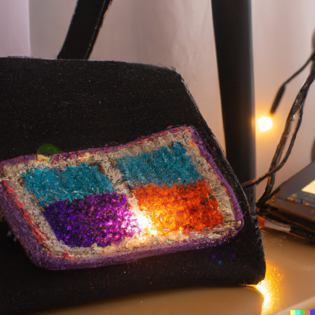 DALL·E 2022-11-18 01.02.59 - Handtasche aus Wolle und Stoff mit farbigen LEDs auf der Vorderseite. In einem Nähatelier bei Tageslicht