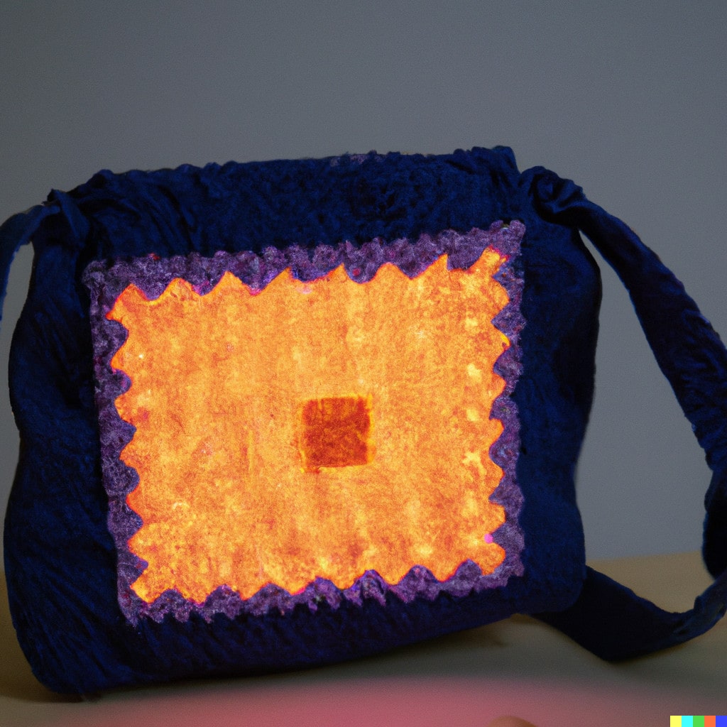 DALL·E 2022-11-18 01.03.02 - Handtasche aus Wolle und Stoff mit farbigen LEDs auf der Vorderseite. In einem Nähatelier bei Tageslicht