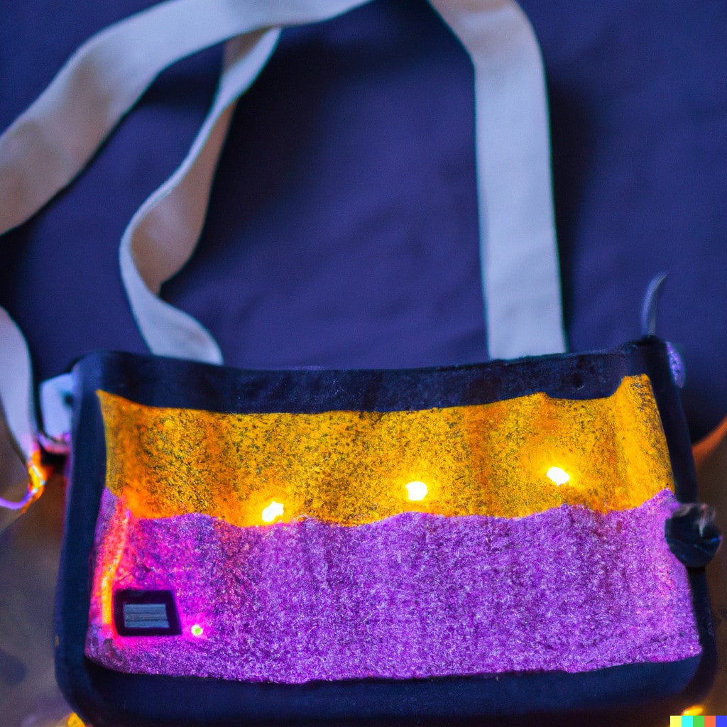 DALL·E 2022-11-18 01.03.04 - Handtasche aus Wolle und Stoff mit farbigen LEDs auf der Vorderseite. In einem Nähatelier bei Tageslicht