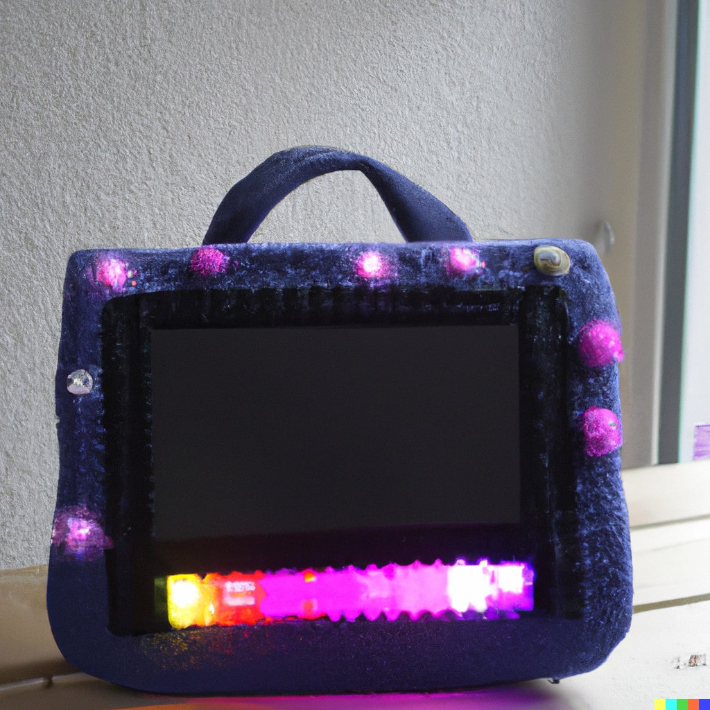 DALL·E 2022-11-18 01.04.52 - Handtasche aus Wolle und Stoff mit farbigen LEDs auf der Vorderseite. In einem Nähatelier bei Tageslicht