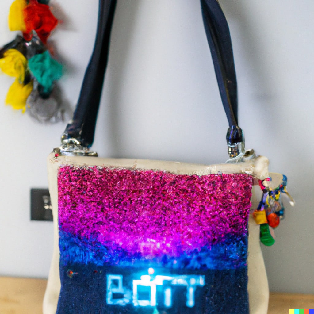 DALL·E 2022-11-18 01.04.56 - Handtasche aus Wolle und Stoff mit farbigen LEDs auf der Vorderseite. In einem Nähatelier bei Tageslicht